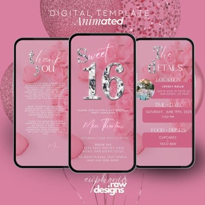 Invitación digital del dulce cumpleaños número 16, invitación electrónica a la fiesta de cumpleaños número 16, texto de diamante floral Evite, itinerario de cumpleaños, tarjeta de agradecimiento