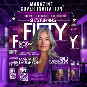 Paarse 50e verjaardag tijdschrift uitnodiging voor vrouwen, digitale Glam Magazine Party Flyer, DIY bewerkbare sjabloon, 50e diner vijftig uitnodigen