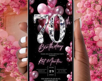 70th Birthday Party Invitation, Pink Balloons Digital 70th Glam Dinner Invite Template, Diamond Video Editable Brunch Itinerary,