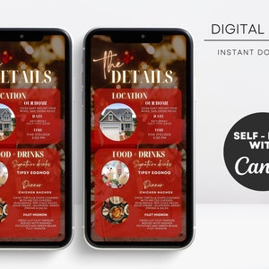 Pode incluir: Dois smartphones exibindo um convite digital com um design vermelho e dourado. O convite inclui detalhes como localiza&ccedil;&atilde;o, data, hora e um menu com comidas e bebidas. O texto no convite diz "The Details" e "Digital Invite".