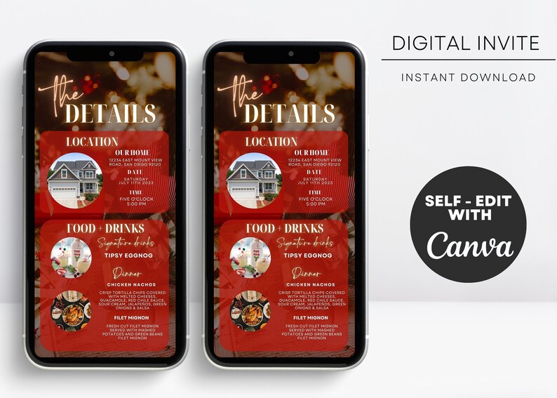 Pode incluir: Dois smartphones exibindo um convite digital com um design vermelho e dourado. O convite inclui detalhes como localiza&ccedil;&atilde;o, data, hora e um menu com comidas e bebidas. O texto no convite diz "The Details" e "Digital Invite".