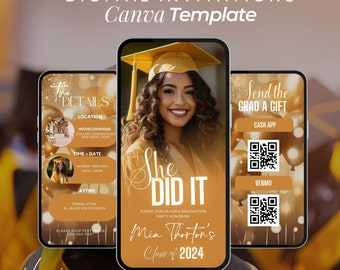 May include: A digital graduation invitation template with a gold and black color scheme. The template features a photo of a graduate wearing a cap and gown, a section for details, and a section for sending a gift. The text on the template reads "She Did It" and "Mia Thorton's Class of 2024".