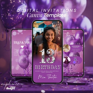 Convite para aniversário de 13 anos, convite animado para festa de 13 anos, convite para 13 anos, convite com texto floral e diamante, cartão de agradecimento com itinerário editável!
