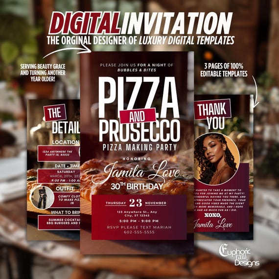 Pizza Birthday Party Invitation Template, Pizza and Prosecco Party