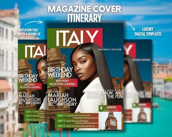 Itinerario de cumpleaños en Italia: Portada de revista con invitación de viaje (Canva editable)