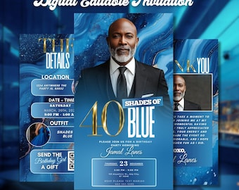 Elegant 40 Shades of Blue 40th Birthday Invitation for Men, Classy Dinner Party Evite, Gold Milestone Celebration DIY Template for Him