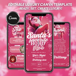 Pode incluir: Três smartphones exibindo um convite rosa com tema natalino. O telefone central apresenta o Papai Noel e o texto "Santa's favorite Ho Ho Ho's". Os outros telefones mostram detalhes do evento, incluindo data, hora, local e informações de RSVP. O logotipo do Canva é visível.