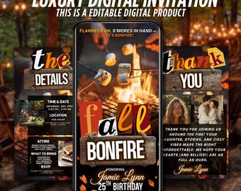 Puede incluir: Una invitación digital para una fiesta de fogata de otoño, que se muestra en un teléfono inteligente. El diseño presenta una fogata con malvaviscos asándose, hojas de otoño y el texto "Fall Bonfire". Incluye detalles del evento y una tarjeta de agradecimiento.