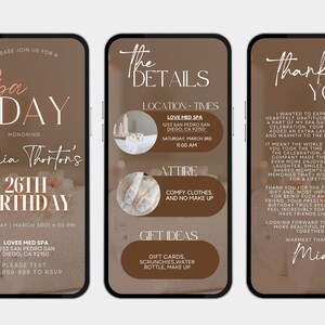 Puede incluir: Una invitaci&oacute;n a un d&iacute;a de spa para celebrar el cumplea&ntilde;os n&uacute;mero 26 de Mia Thorton. La invitaci&oacute;n presenta un fondo marr&oacute;n con un tema de spa rosa y blanco. La invitaci&oacute;n incluye la fecha, la hora, la ubicaci&oacute;n y la informaci&oacute;n de RSVP.