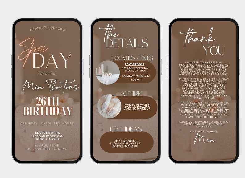 Puede incluir: Una invitaci&oacute;n a un d&iacute;a de spa para celebrar el cumplea&ntilde;os n&uacute;mero 26 de Mia Thorton. La invitaci&oacute;n presenta un fondo marr&oacute;n con un tema de spa rosa y blanco. La invitaci&oacute;n incluye la fecha, la hora, la ubicaci&oacute;n y la informaci&oacute;n de RSVP.