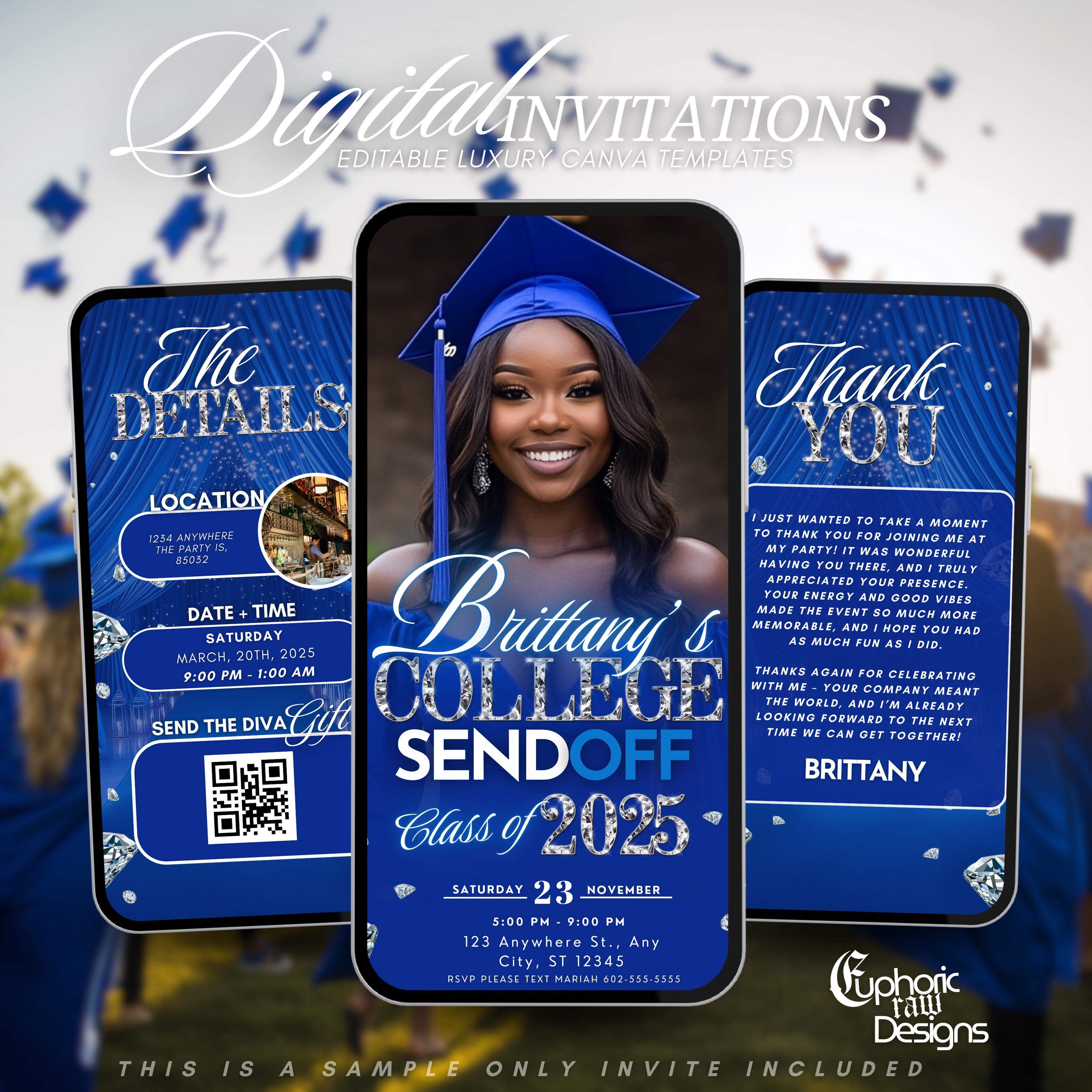 Invito per la festa di laurea, invito per la festa del baule blu, laurea, modello di saluto con foto digitale per ragazze