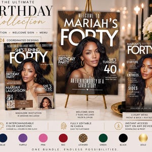 May include: A birthday party stationery set featuring a magazine-style invitation, a welcome sign, and a menu. Each item displays a woman's portrait against a leopard print background with the text "MARIAH'S FORTY" and "SHE'S TURNING FORTY".