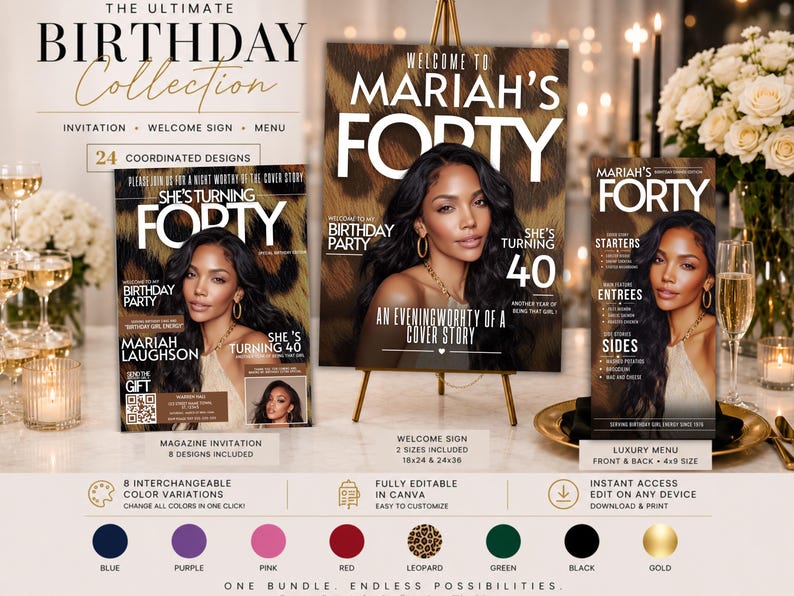 May include: A birthday party stationery set featuring a magazine-style invitation, a welcome sign, and a menu. Each item displays a woman's portrait against a leopard print background with the text "MARIAH'S FORTY" and "SHE'S TURNING FORTY".