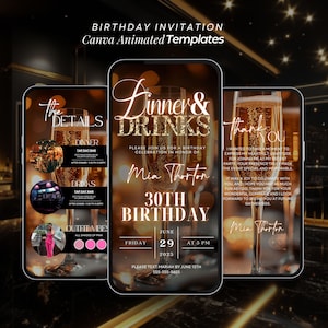 Birthday Dinner invitation, Birthday Digital Black and Gold template, Dinner video invitation, Editable  Dinner party invite Itinerary