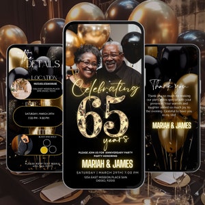 65周年記念招待状、パーティーの日程、ブラックゴールドテンプレート、結婚金婚式、私たちはまだそうしています、サプライズ誓約更新招待状