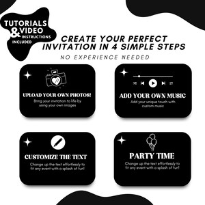 May include: Black and white graphic design illustration showing four steps to create a personalized invitation. The steps are: upload your own photos, add your own music, customize the text, and party time. The graphic design includes icons for each step.