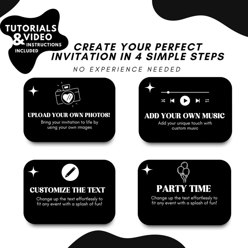 May include: Black and white graphic design illustration showing four steps to create a personalized invitation. The steps are: upload your own photos, add your own music, customize the text, and party time. The graphic design includes icons for each step.