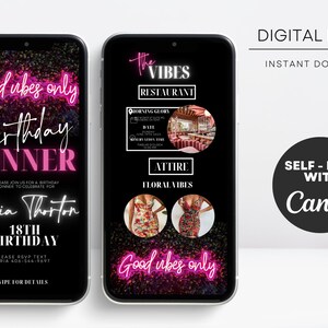 K&ouml;nnte beinhalten: Eine digitale Einladung zu einem Geburtstagsessen im Restaurant The Vibes. Die Einladung hat einen schwarzen Hintergrund mit pinkfarbenem Neontext, der "Good vibes only" und "Birthday Dinner" lautet. Die Einladung enth&auml;lt auch den Namen Mia Thorton, das Datum des Geburtstages und die Adresse des Restaurants. Die Einladung ist so konzipiert, dass sie mit Canva bearbeitet werden kann.