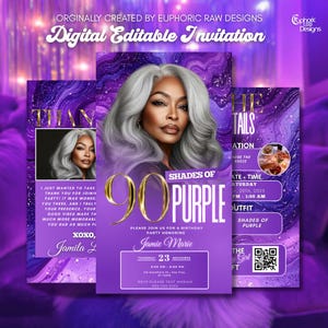 May include: Digital invitation design in shades of purple, featuring a portrait of a woman with grey hair. The invitation reads "90 Shades of Purple" and includes event details. The design includes the text "Digital Editable Invitation".