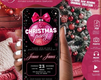May include: A smartphone screen shows a Christmas party invitation. The design includes a pink glitter bauble with the text "Christmas Party." The invitation provides date, time, and location details. The phone is held in a hand, with a Christmas tree visible in the background.