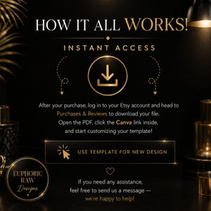 May include: A black and gold instructional graphic titled HOW IT ALL WORKS! INSTANT ACCESS. It features a download icon, instructions to access files via Etsy Purchases & Reviews, a Canva link, and a button labeled USE TEMPLATE FOR NEW DESIGN.
