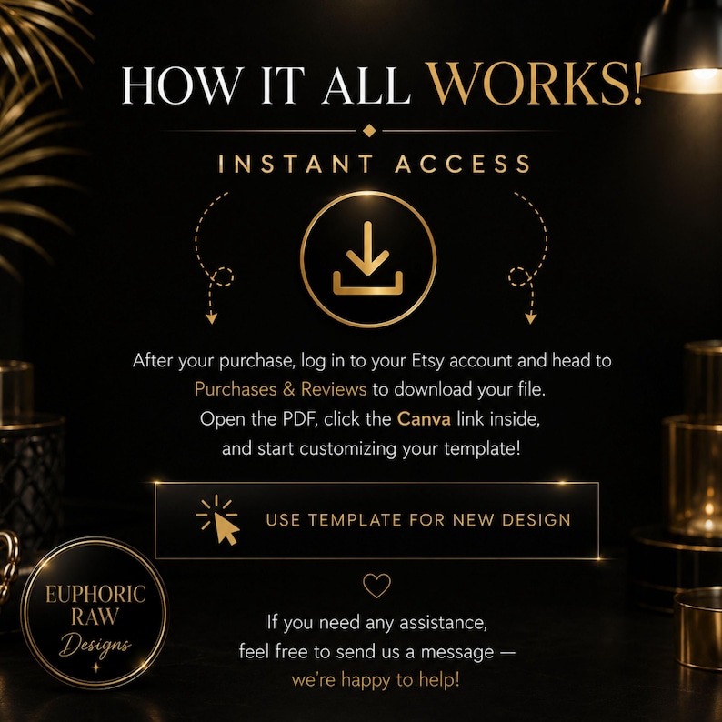 May include: A black and gold instructional graphic titled HOW IT ALL WORKS! INSTANT ACCESS. It features a download icon, instructions to access files via Etsy Purchases & Reviews, a Canva link, and a button labeled USE TEMPLATE FOR NEW DESIGN.
