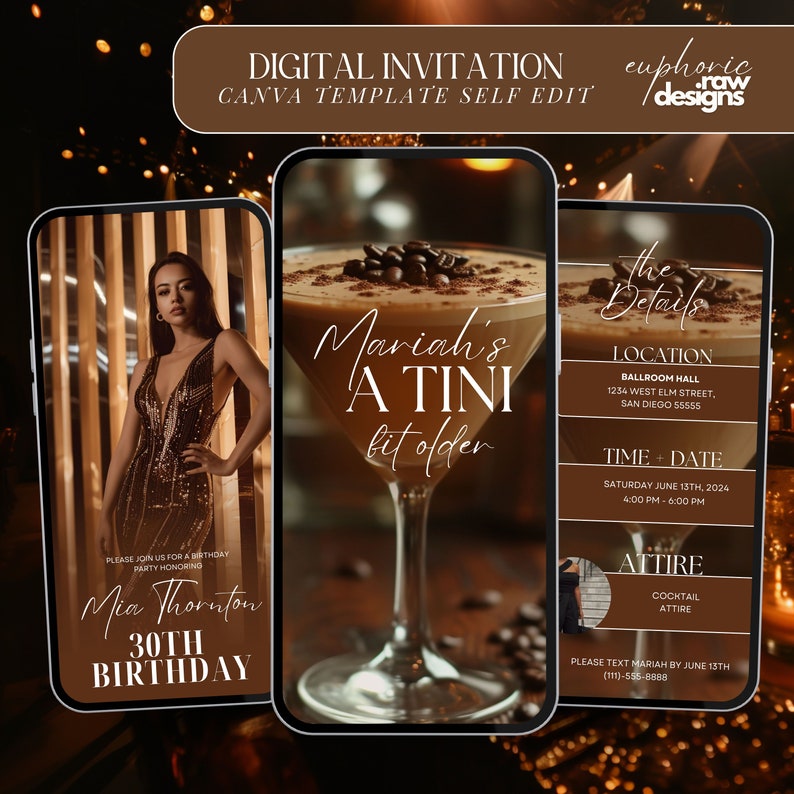 May include: A digital invitation for a 30th birthday party. The invitation features a photo of a woman in a sparkly dress, a cocktail glass with coffee beans, and text that reads "Mariah's A TINI bit older". The invitation also includes details about the party, such as the location, date, and time.