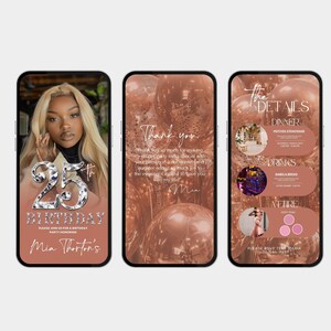 Invito per la festa del 25° compleanno, modificabile, con scritte animate rosa e oro per donne. Idee per feste a sorpresa: personalizza il tuo invito per il 25° compleanno. immagine 2