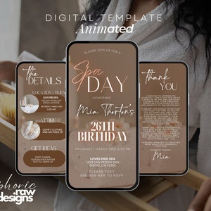 Puede incluir: Tres maquetas de pantalla de tel&eacute;fono digital para una invitaci&oacute;n a una fiesta de cumplea&ntilde;os de spa. La invitaci&oacute;n es para el 26 cumplea&ntilde;os de Mia Thorton. La invitaci&oacute;n es para un d&iacute;a de spa en Love Med Spa en San Diego, California. La invitaci&oacute;n incluye la fecha, la hora, la ubicaci&oacute;n, el atuendo y las ideas de regalos. La invitaci&oacute;n tambi&eacute;n incluye un mensaje de agradecimiento de Mia.