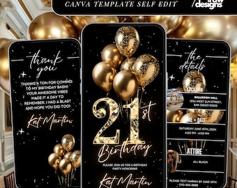 21e verjaardagsuitnodiging: gouden glamourdiner, bewerkbare sjabloon (digitaal)