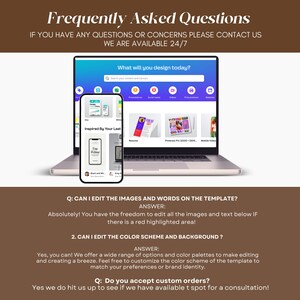 May include: A screenshot of a computer screen showing a Canva design template with the question "What will you design today?" and a list of design categories. Below the screen is a text-based FAQ section with questions and answers about editing images, colors, and accepting custom orders.
