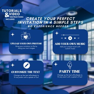 May include: A blue graphic with white text and icons promoting a service to create invitations. The text reads "Create Your Perfect Invitation in 4 Simple Steps." Steps include uploading photos, adding music, customizing text, and party time.