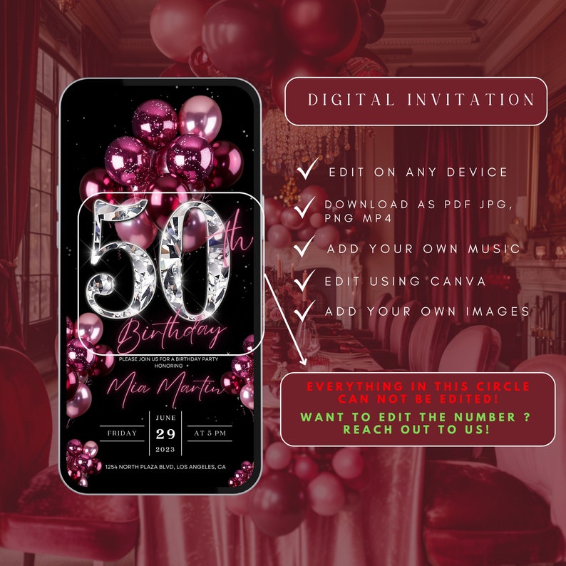 50th Birthday Invitation: Maroon Pink and Diamond Glam (digital 50th Birthday Invitation: Maroon Pink and Diamond Glam (digital