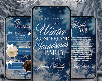 Może przedstawiać: Cyfrowy szablon zaproszenia na Winter Wonderland Friendsmas Party. Projekt przedstawia niebieskie tło z płatkami śniegu i tekstem. Zaproszenie zawiera szczegóły, takie jak data, godzina, miejsce i strój. Tekst brzmi "Winter Wonderland Friendsmas Party" i "Zaproszenie Cyfrowe".