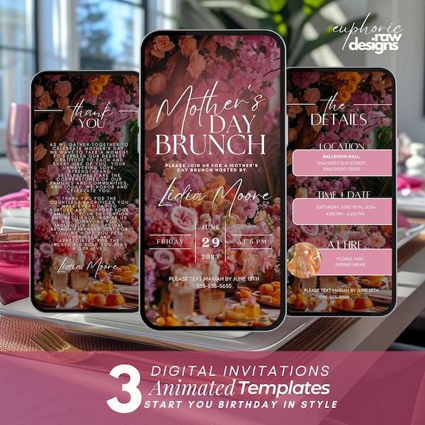 Invitación al brunch del Día de la Madre, Itinerario del evento digital Boho Floral, Invitación en video animado, Mamá y Mimosa, Folleto del Día de la Madre Feliz,