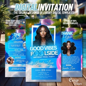 Op de afbeelding: Een digitale uitnodiging voor een poolparty voor een verjaardag. De uitnodiging heeft een blauwe en roze tropische achtergrond met een foto van een vrouw in het midden. De tekst "Good Vibes Poolside Birthday Pool Party" staat in een groot, vet lettertype. De uitnodiging bevat ook de datum, tijd en locatie van het feest.