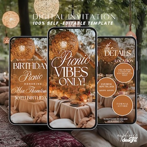Animated Birthday Picnic Vibes Invitation Template, Digital Brunch Beach Park Picnic Party Evite, Summer Tea-Party Editable Text Invite
