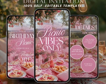 Animated Birthday Picnic Invitation, Picnic Party Evite, Beach Picnic Brunch Invite, Summer Tea Party Canva Template