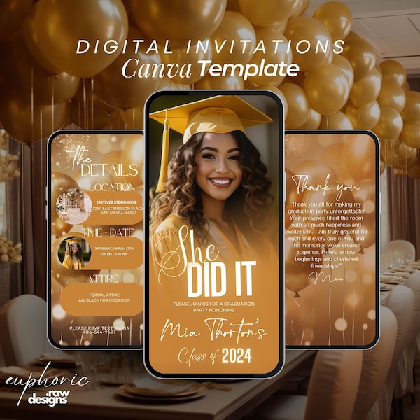 Graduation Party Invitation, Grad Announcement, High school, College, Nursing and Law Graduation Invite, Gold, Digital, Grad Itinerary