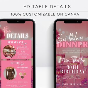 Op de afbeelding: Een roze en wit mobiel telefoonscherm met een uitnodiging voor een verjaardags diner. De uitnodiging bevat de tekst "Birthday Dinner" en "Mia Thorton 30th Birthday". De uitnodiging bevat ook een roze en witte achtergrond met een afbeelding van drie glazen champagne.