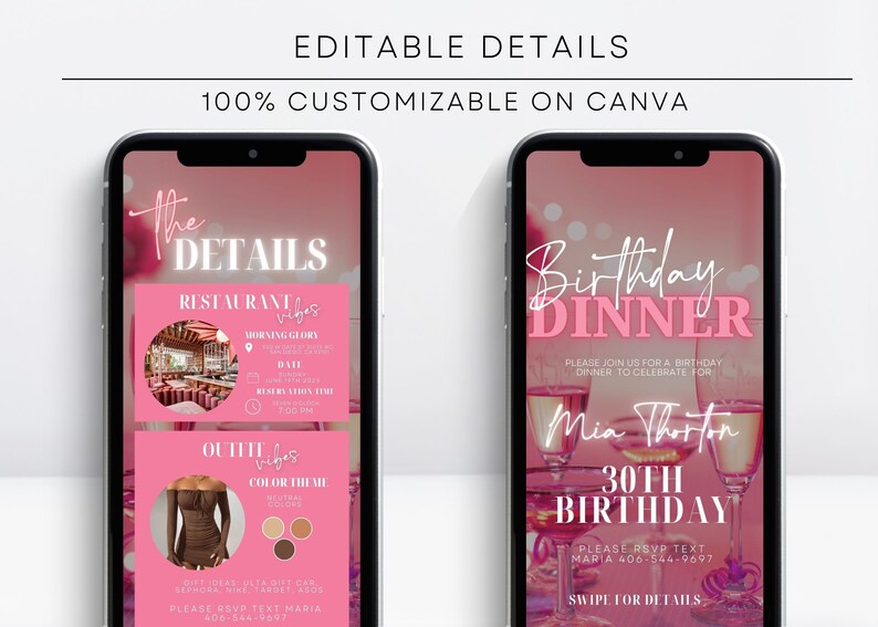 Op de afbeelding: Een roze en wit mobiel telefoonscherm met een uitnodiging voor een verjaardags diner. De uitnodiging bevat de tekst "Birthday Dinner" en "Mia Thorton 30th Birthday". De uitnodiging bevat ook een roze en witte achtergrond met een afbeelding van drie glazen champagne.