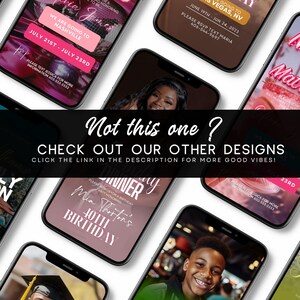 Pode incluir: Uma cole&ccedil;&atilde;o de maquetes digitais de tela de telefone que mostram v&aacute;rios designs de convites para eventos. Os designs apresentam diferentes esquemas de cores, fontes e gr&aacute;ficos, incluindo um design rosa e branco com o texto "Mia Thorton's 40th Birthday", um design preto e rosa com o texto "We are going to Nashville", e um design preto e dourado com o texto "Going to Vegas, NV".