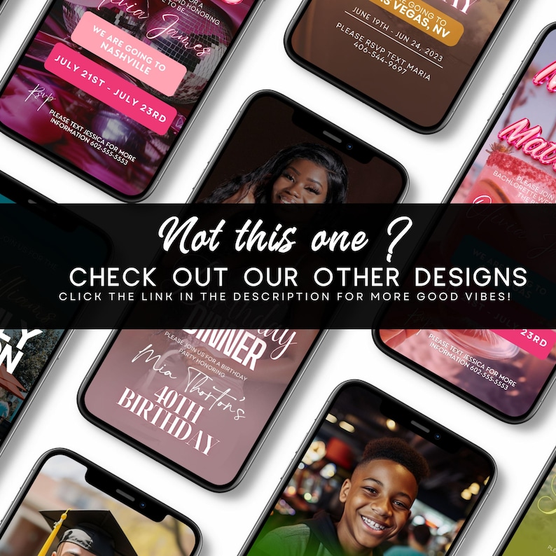 Pode incluir: Uma cole&ccedil;&atilde;o de maquetes digitais de tela de telefone que mostram v&aacute;rios designs de convites para eventos. Os designs apresentam diferentes esquemas de cores, fontes e gr&aacute;ficos, incluindo um design rosa e branco com o texto "Mia Thorton's 40th Birthday", um design preto e rosa com o texto "We are going to Nashville", e um design preto e dourado com o texto "Going to Vegas, NV".