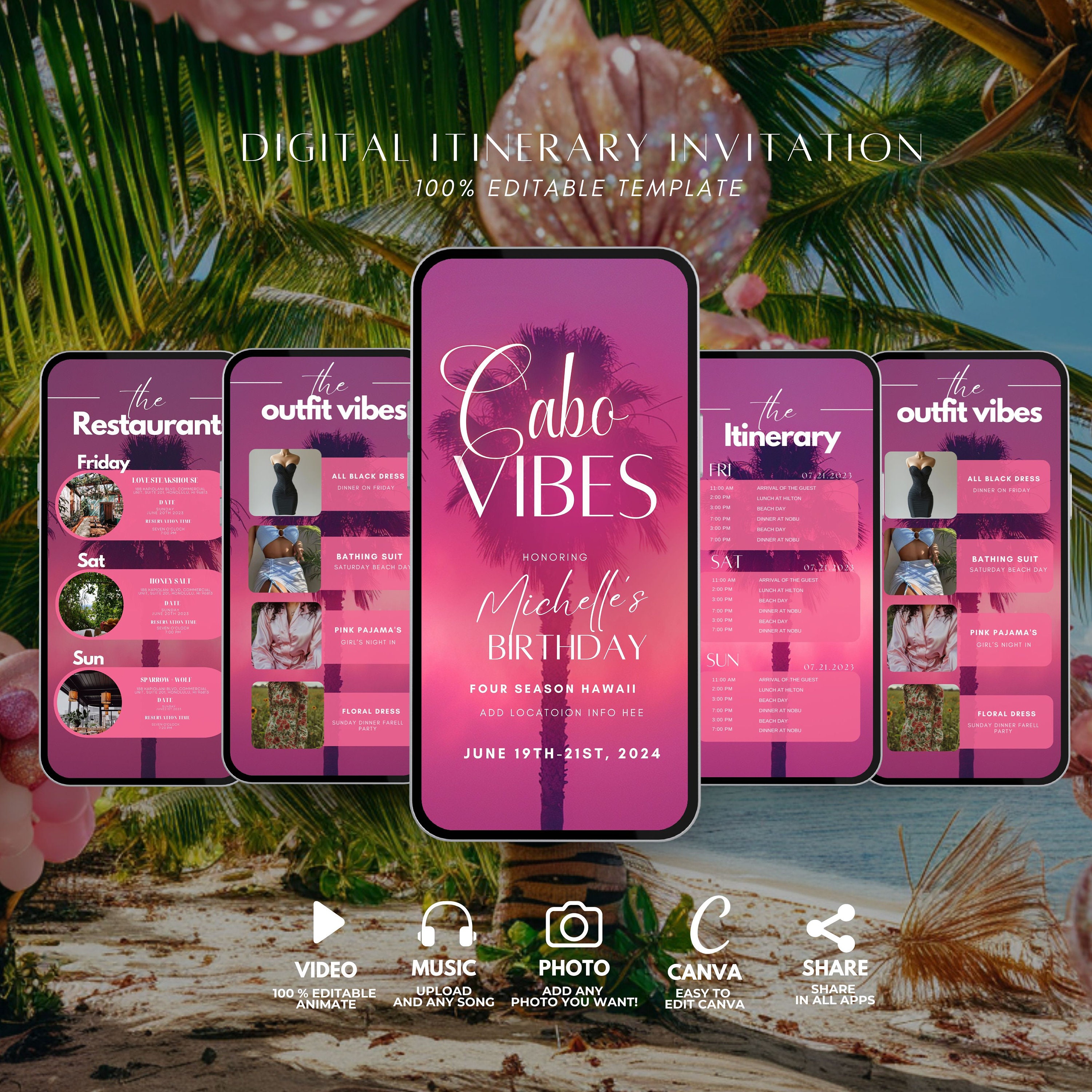 Cabo Birthday Weekend, Girls Trip itinerary template, Mexico Travel Birthday Weekend Invitation, Getaway Itinerary, Digital Planner
