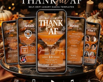 Friendsgiving Dinner Invitation, Thankful AF Thanksgiving Invite, Fall Pumpkin Party, Editable Digital Itinerary, Fall Template, Canva Evite