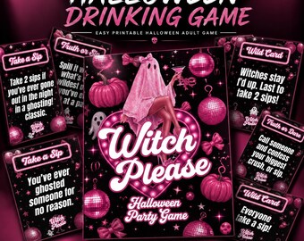 May include: A Halloween drinking game set featuring black and pink cards with disco balls, pumpkins, and a ghost character. The central card displays the text Witch Please, while other cards include prompts like Take a Sip, Truth or Sip, and Wild Card.
