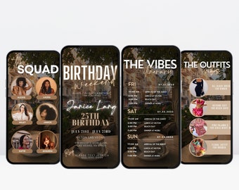May include: A birthday weekend invitation with a brown and gold colour scheme. The invitation includes a squad photo, a birthday itinerary, and a list of outfits for each day. The text on the invitation reads "Birthday Weekend", "Janice Lang 25th Birthday", "July 21st - July 23rd", "Hilton Las Vegas", "999 Resorts World Ave. Las Vegas, NV 89109", "Please Text Jessica 555-999-9999", "The Vibes Itinerary", "The Outfits Vibes", "Fri 07.21.2023", "Arrival of the Guest", "Lunch at Hilton", "Beach Day", "Dinner at Nobu", "Sat 07.22.2023", "Arrival of the Guest", "Lunch at Hilton", "Beach Day", "Dinner at Nobu", "Sun 07.23.2023", "Arrival of the Guest", "Lunch at Hilton", "Beach Day", "Dinner at Nobu", "All Black Dress for Dinner", "Bathing Suit for Beach Days", "Pink Pajamas for Girls Night In", "Floral Outfit for Brunch".