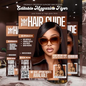 Haar Magazin Cover Buchung Flyer, DIY Canva Vorlage, Lila Stylist Termin, Perücke Beauty Service, digital bearbeitbarer Salon Braids Flyer