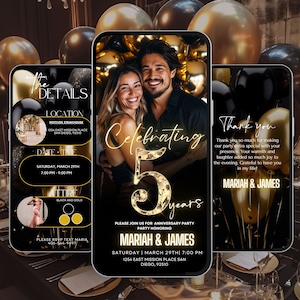 Invitación para el quinto aniversario, itinerario de fiesta, plantilla de oro negro, aniversario de bodas de oro, We Still Do, renovación de votos sorpresa Evite