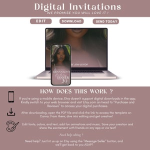 Puede incluir: Plantilla de invitaciones digitales mostrada en un port&aacute;til y un smartphone. El tel&eacute;fono muestra una invitaci&oacute;n a una cena de cumplea&ntilde;os con el texto "KENNNEDY'S Birthday Dinner 30". La imagen incluye instrucciones sobre c&oacute;mo descargar y editar la plantilla.